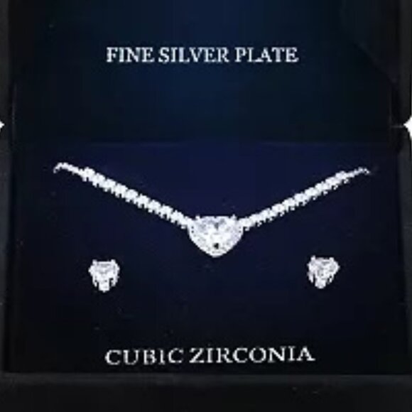 PRIMAVERA 2pc Romantic Heart Silver Plated CZ Necklace + Heart Earrings Set**NEW - Picture 2 of 3